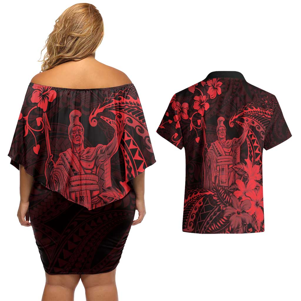 Hawaii King Kamehameha Day Couples Matching Off Shoulder Short Dress and Hawaiian Shirt Polynesian Pattern Mix Hibiscus Red