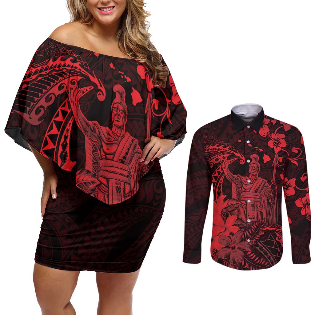 Hawaii King Kamehameha Day Couples Matching Off Shoulder Short Dress and Long Sleeve Button Shirt Polynesian Pattern Mix Hibiscus Red