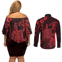 Hawaii King Kamehameha Day Couples Matching Off Shoulder Short Dress and Long Sleeve Button Shirt Polynesian Pattern Mix Hibiscus Red