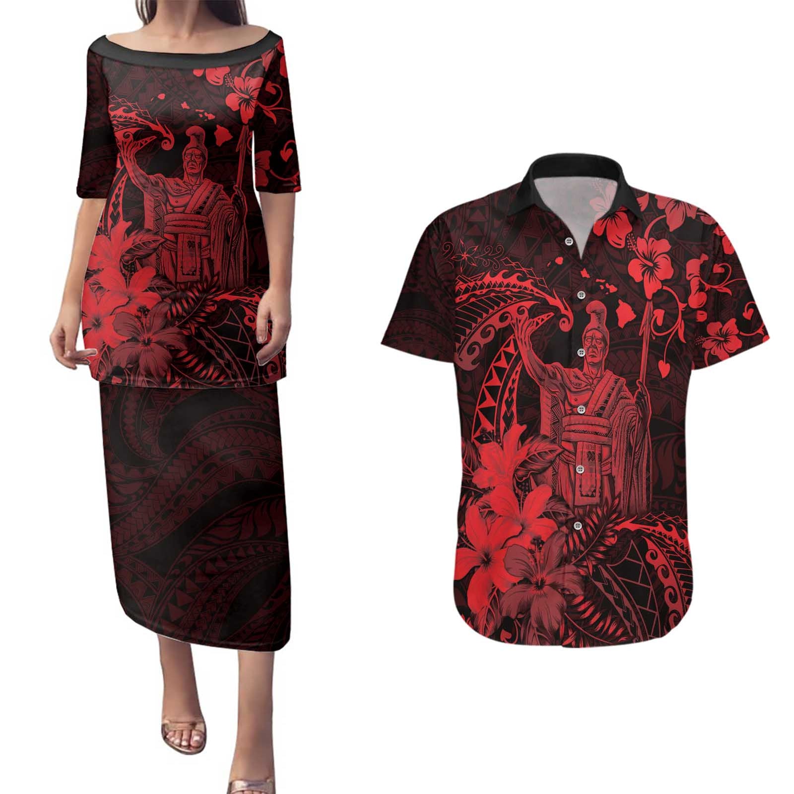 Hawaii King Kamehameha Day Couples Matching Puletasi and Hawaiian Shirt Polynesian Pattern Mix Hibiscus Red