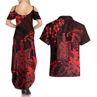 Hawaii King Kamehameha Day Couples Matching Summer Maxi Dress and Hawaiian Shirt Polynesian Pattern Mix Hibiscus Red