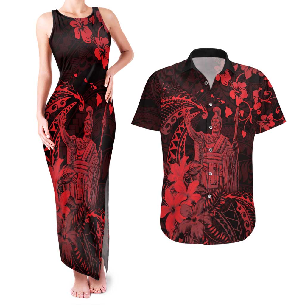 Hawaii King Kamehameha Day Couples Matching Tank Maxi Dress and Hawaiian Shirt Polynesian Pattern Mix Hibiscus Red