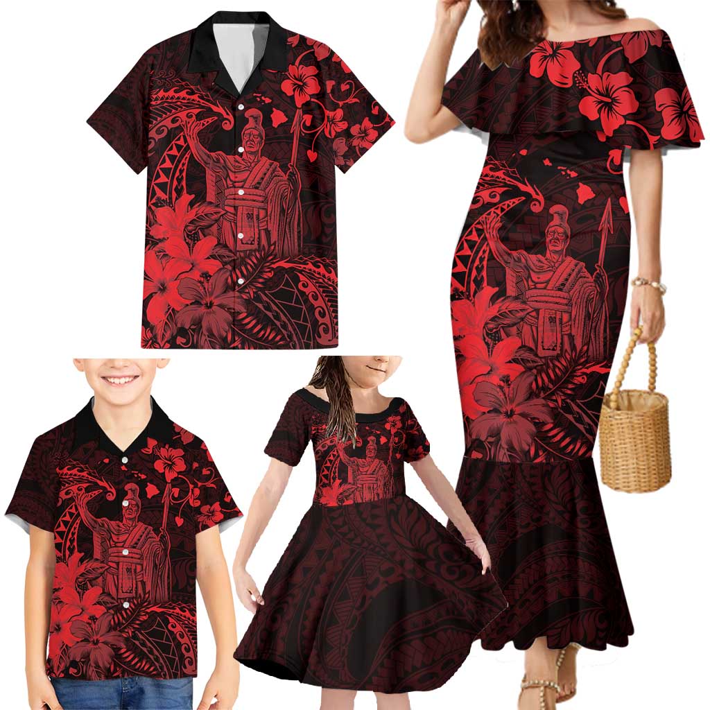 Hawaii King Kamehameha Day Family Matching Mermaid Dress and Hawaiian Shirt Polynesian Pattern Mix Hibiscus Red