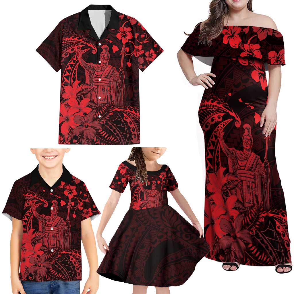Hawaii King Kamehameha Day Family Matching Off Shoulder Maxi Dress and Hawaiian Shirt Polynesian Pattern Mix Hibiscus Red