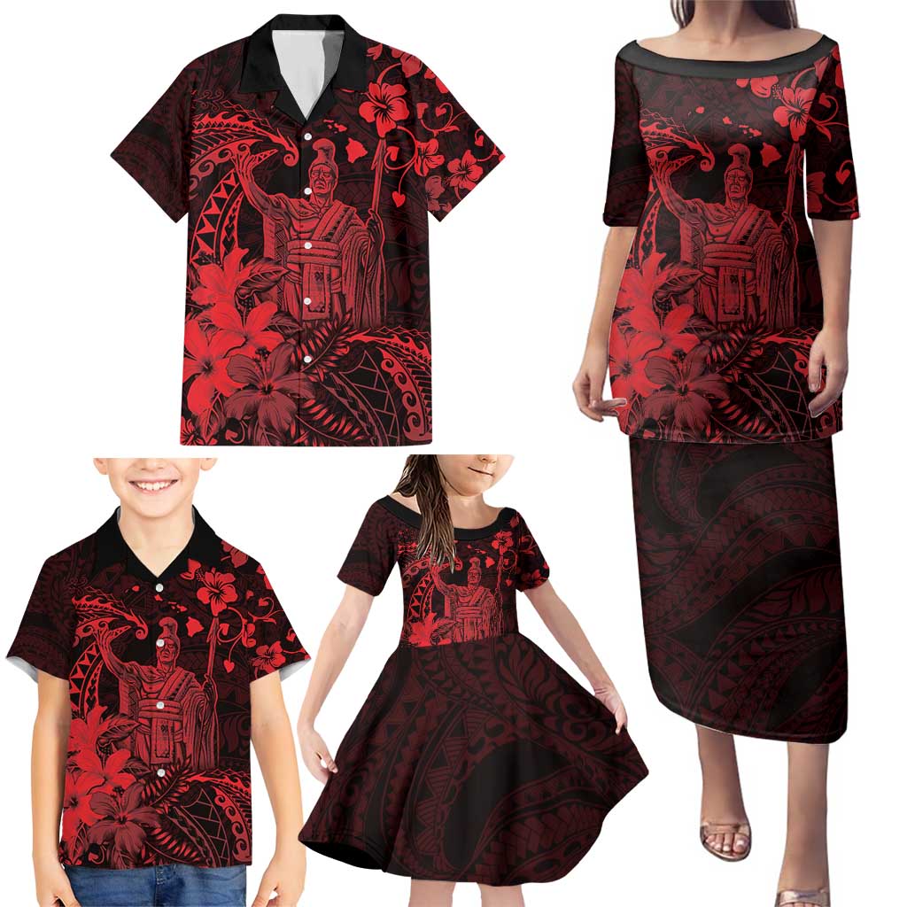 Hawaii King Kamehameha Day Family Matching Puletasi and Hawaiian Shirt Polynesian Pattern Mix Hibiscus Red