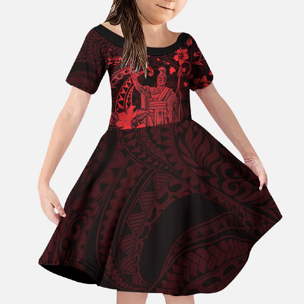 Hawaii King Kamehameha Day Family Matching Short Sleeve Bodycon Dress and Hawaiian Shirt Polynesian Pattern Mix Hibiscus Red
