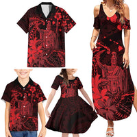 Hawaii King Kamehameha Day Family Matching Summer Maxi Dress and Hawaiian Shirt Polynesian Pattern Mix Hibiscus Red