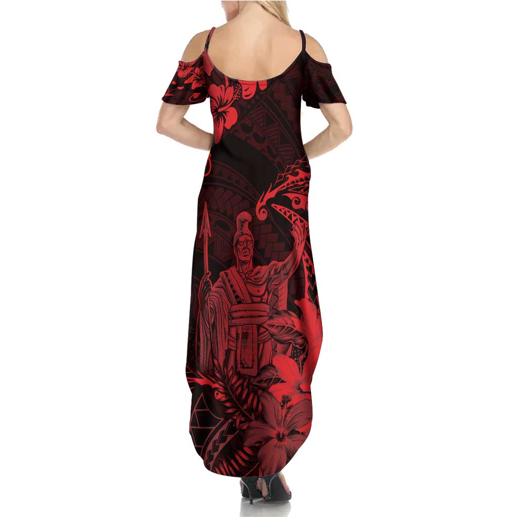 Hawaii King Kamehameha Day Family Matching Summer Maxi Dress and Hawaiian Shirt Polynesian Pattern Mix Hibiscus Red