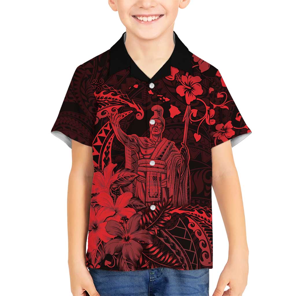 Hawaii King Kamehameha Day Family Matching Tank Maxi Dress and Hawaiian Shirt Polynesian Pattern Mix Hibiscus Red