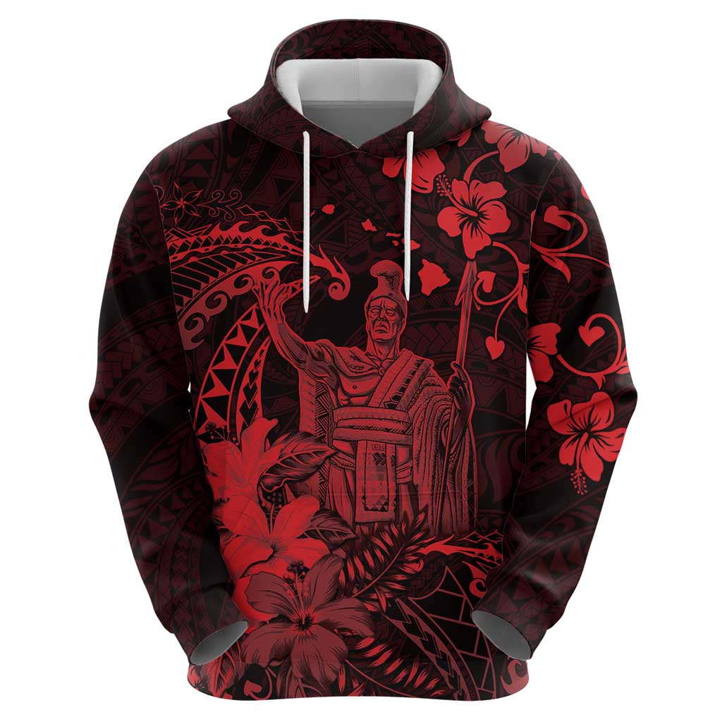 Hawaii King Kamehameha Day Hoodie Polynesian Pattern Mix Hibiscus Red