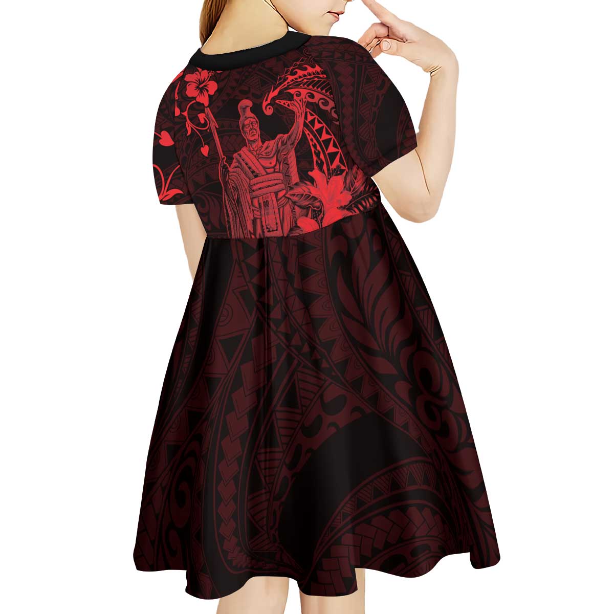 Hawaii King Kamehameha Day Kid Short Sleeve Dress Polynesian Pattern Mix Hibiscus Red
