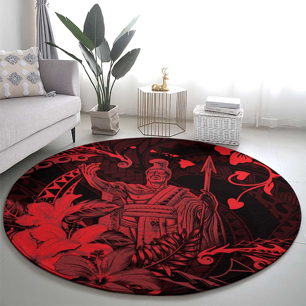 Hawaii King Kamehameha Day Round Carpet Polynesian Pattern Mix Hibiscus Red