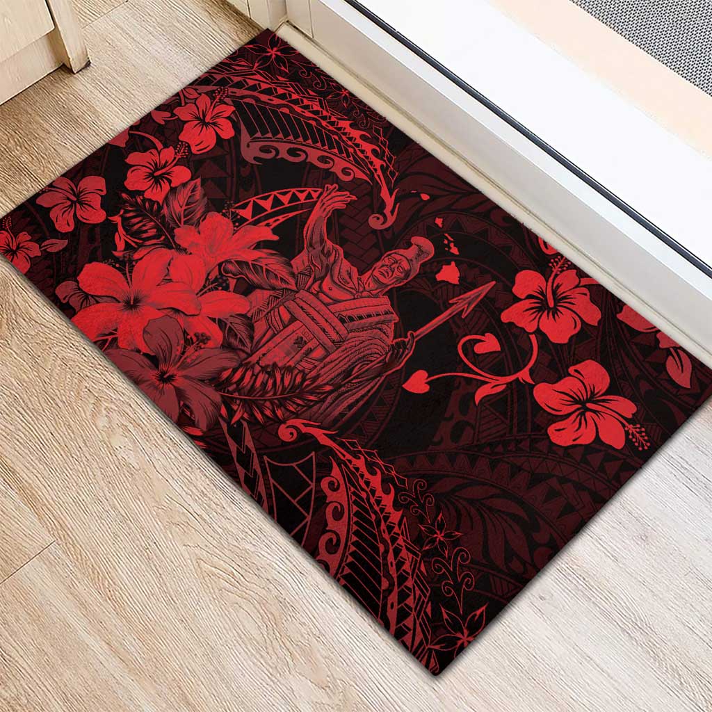 Hawaii King Kamehameha Day Rubber Doormat Polynesian Pattern Mix Hibiscus Red
