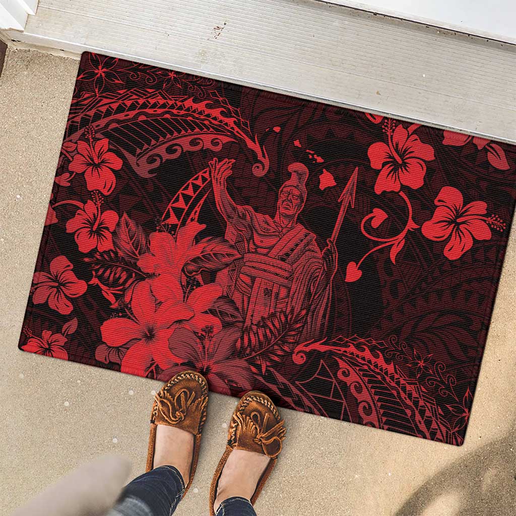 Hawaii King Kamehameha Day Rubber Doormat Polynesian Pattern Mix Hibiscus Red
