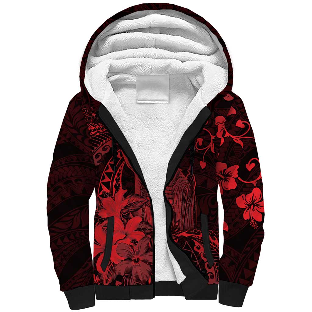 Hawaii King Kamehameha Day Sherpa Hoodie Polynesian Pattern Mix Hibiscus Red LT05 Unisex Red - Polynesian Pride