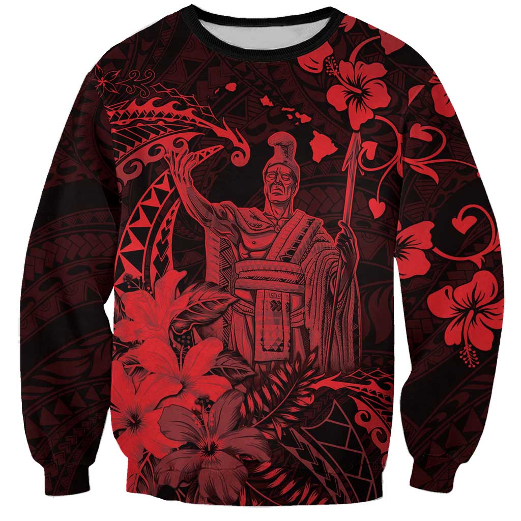 Hawaii King Kamehameha Day Sweatshirt Polynesian Pattern Mix Hibiscus Red