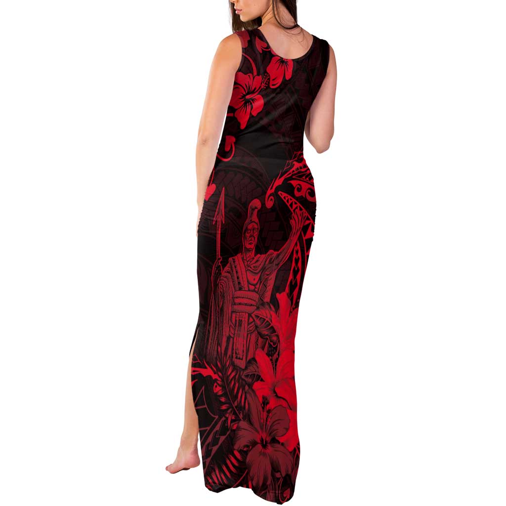 Hawaii King Kamehameha Day Tank Maxi Dress Polynesian Pattern Mix Hibiscus Red
