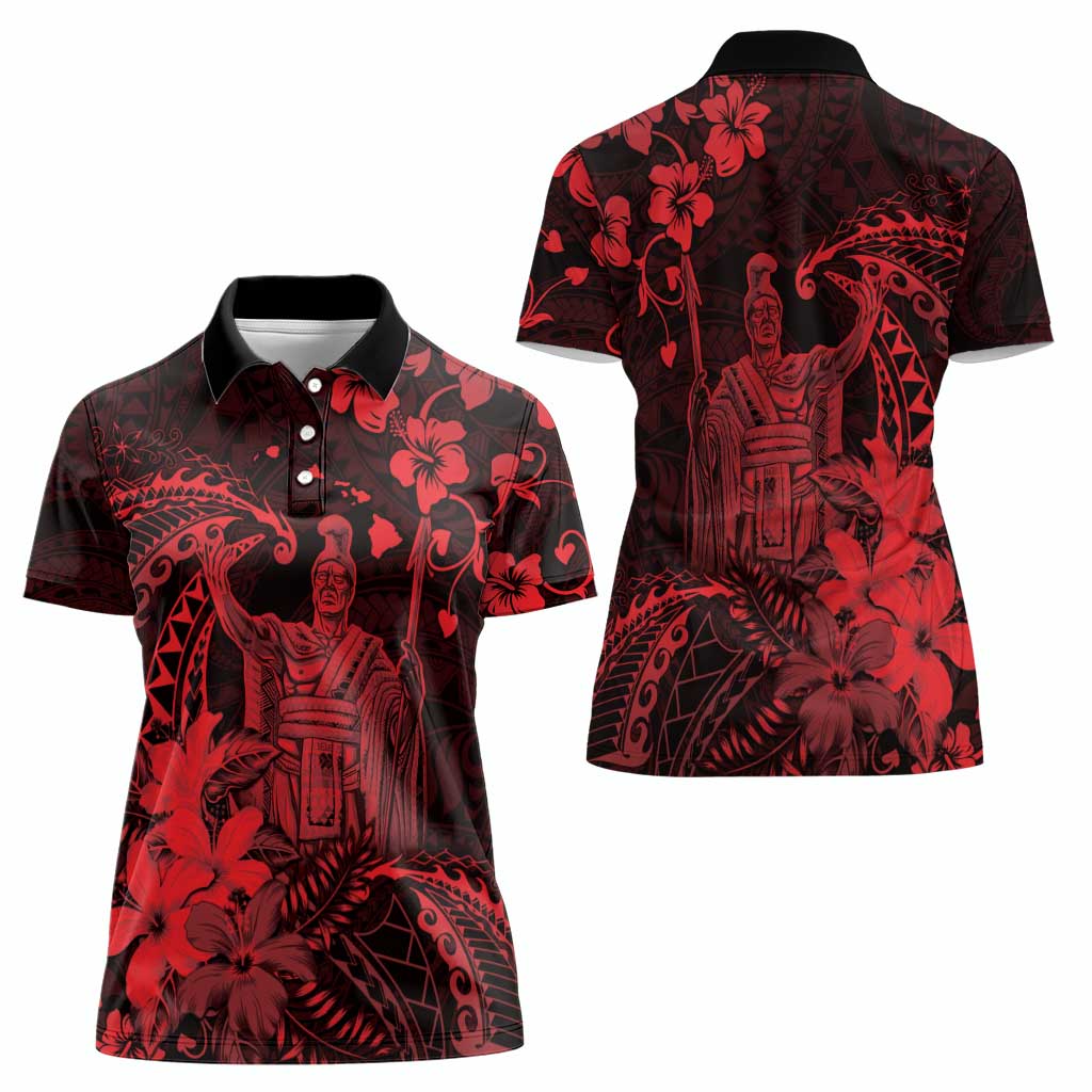 Hawaii King Kamehameha Day Women Polo Shirt Polynesian Pattern Mix Hibiscus Red
