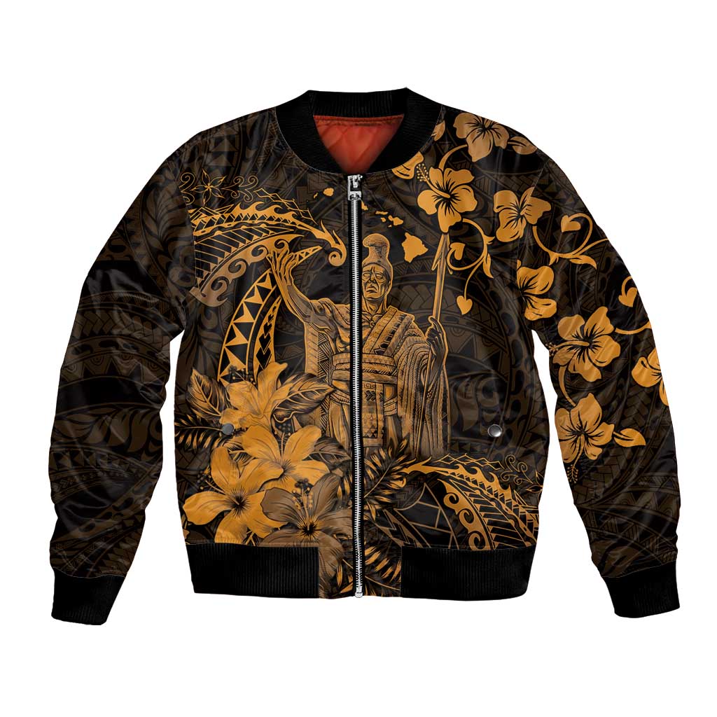 Hawaii King Kamehameha Day Bomber Jacket Polynesian Pattern Mix Hibiscus Gold