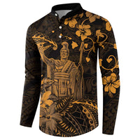 Hawaii King Kamehameha Day Button Sweatshirt Polynesian Pattern Mix Hibiscus Gold