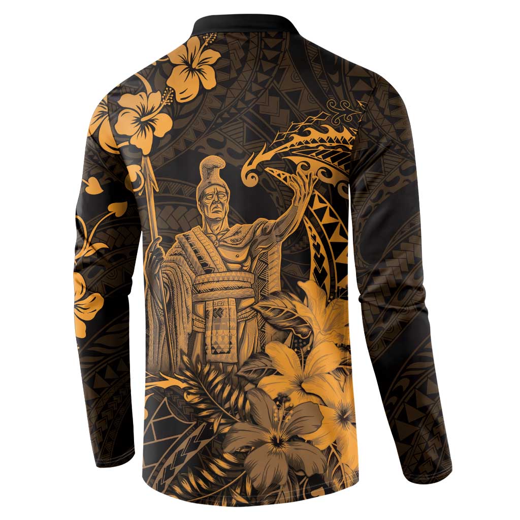 Hawaii King Kamehameha Day Button Sweatshirt Polynesian Pattern Mix Hibiscus Gold