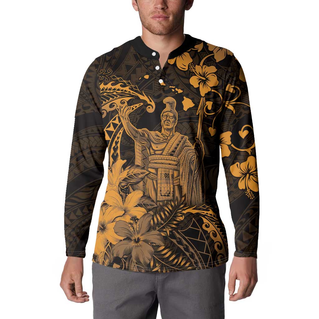 Hawaii King Kamehameha Day Button Sweatshirt Polynesian Pattern Mix Hibiscus Gold