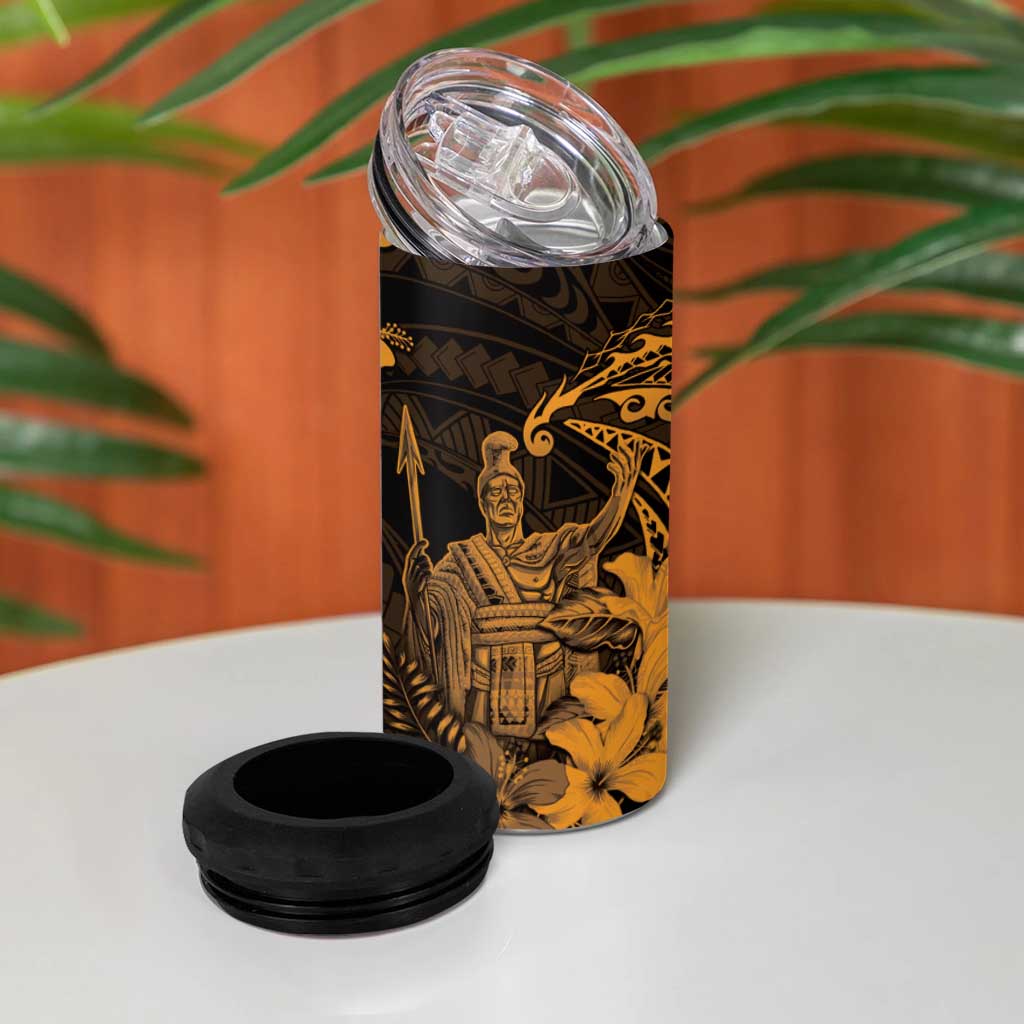 Hawaii King Kamehameha Day 4 in 1 Can Cooler Tumbler Polynesian Pattern Mix Hibiscus Gold