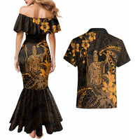 Hawaii King Kamehameha Day Couples Matching Mermaid Dress and Hawaiian Shirt Polynesian Pattern Mix Hibiscus Gold
