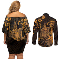 Hawaii King Kamehameha Day Couples Matching Off Shoulder Short Dress and Long Sleeve Button Shirt Polynesian Pattern Mix Hibiscus Gold