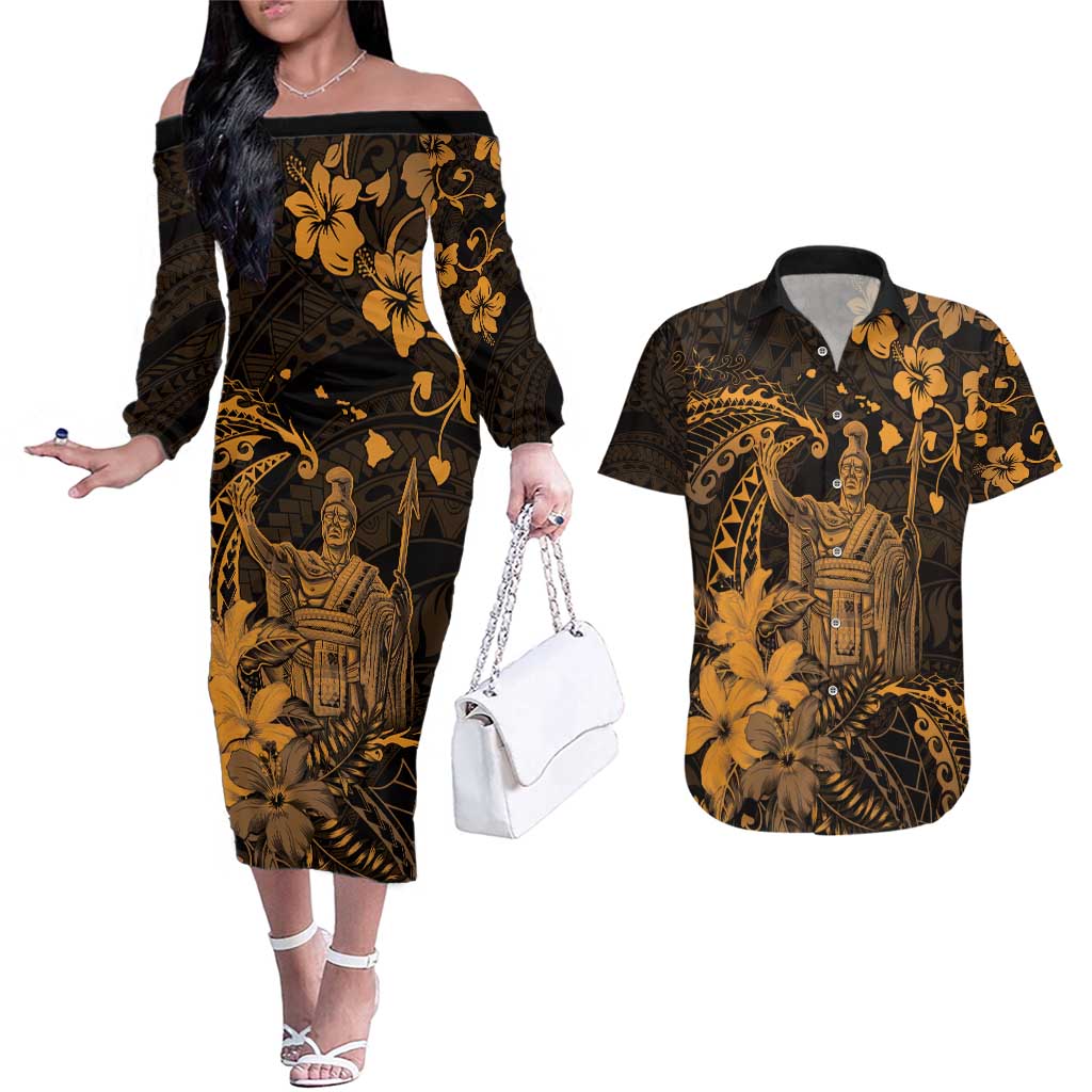 Hawaii King Kamehameha Day Couples Matching Off The Shoulder Long Sleeve Dress and Hawaiian Shirt Polynesian Pattern Mix Hibiscus Gold LT05 Gold - Polynesian Pride