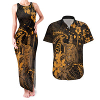 Hawaii King Kamehameha Day Couples Matching Tank Maxi Dress and Hawaiian Shirt Polynesian Pattern Mix Hibiscus Gold