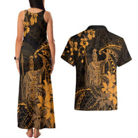 Hawaii King Kamehameha Day Couples Matching Tank Maxi Dress and Hawaiian Shirt Polynesian Pattern Mix Hibiscus Gold