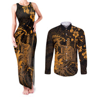 Hawaii King Kamehameha Day Couples Matching Tank Maxi Dress and Long Sleeve Button Shirt Polynesian Pattern Mix Hibiscus Gold