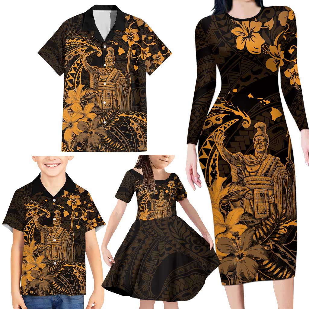 Hawaii King Kamehameha Day Family Matching Long Sleeve Bodycon Dress and Hawaiian Shirt Polynesian Pattern Mix Hibiscus Gold