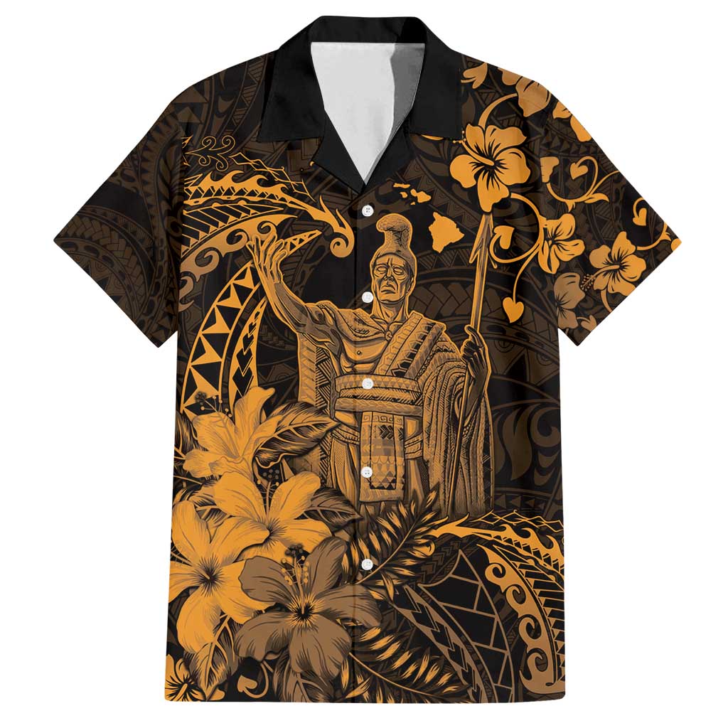 Hawaii King Kamehameha Day Family Matching Long Sleeve Bodycon Dress and Hawaiian Shirt Polynesian Pattern Mix Hibiscus Gold