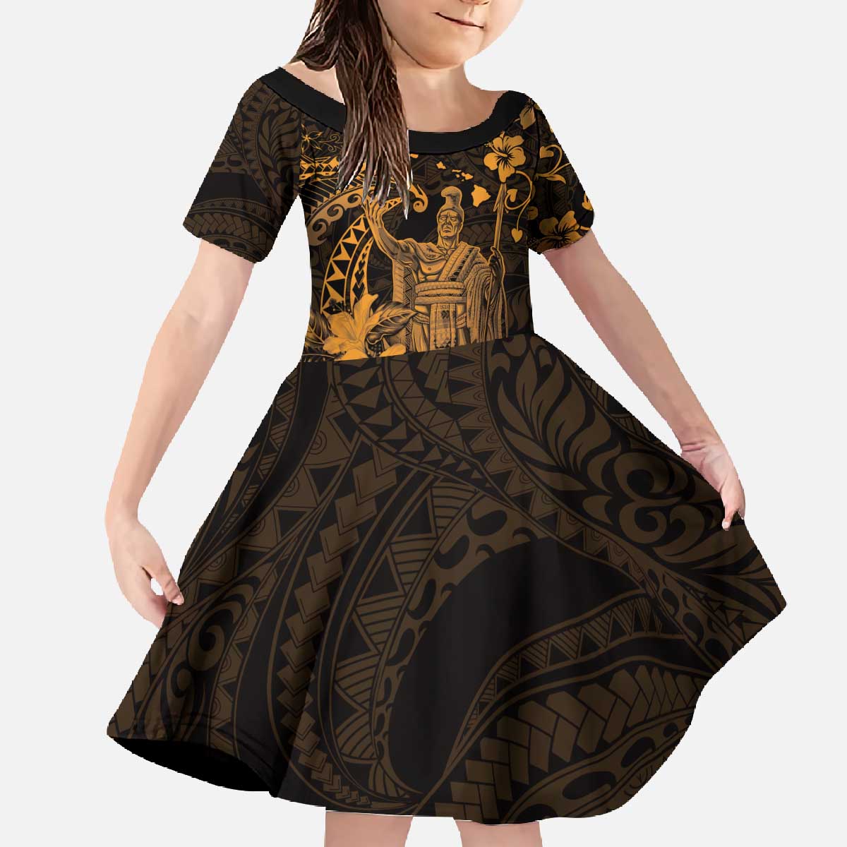 Hawaii King Kamehameha Day Family Matching Off The Shoulder Long Sleeve Dress and Hawaiian Shirt Polynesian Pattern Mix Hibiscus Gold