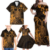 Hawaii King Kamehameha Day Family Matching Off Shoulder Maxi Dress and Hawaiian Shirt Polynesian Pattern Mix Hibiscus Gold