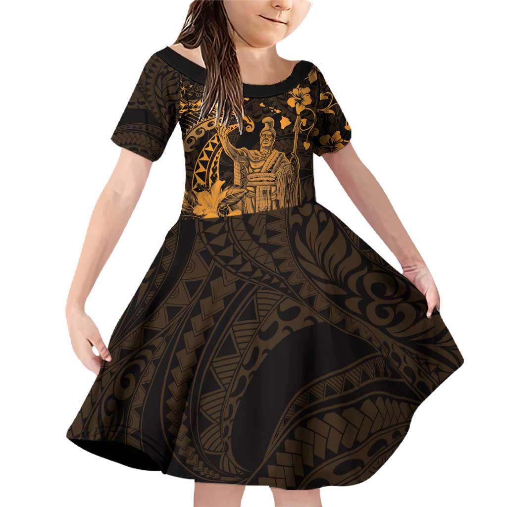 Hawaii King Kamehameha Day Family Matching Off Shoulder Short Dress and Hawaiian Shirt Polynesian Pattern Mix Hibiscus Gold