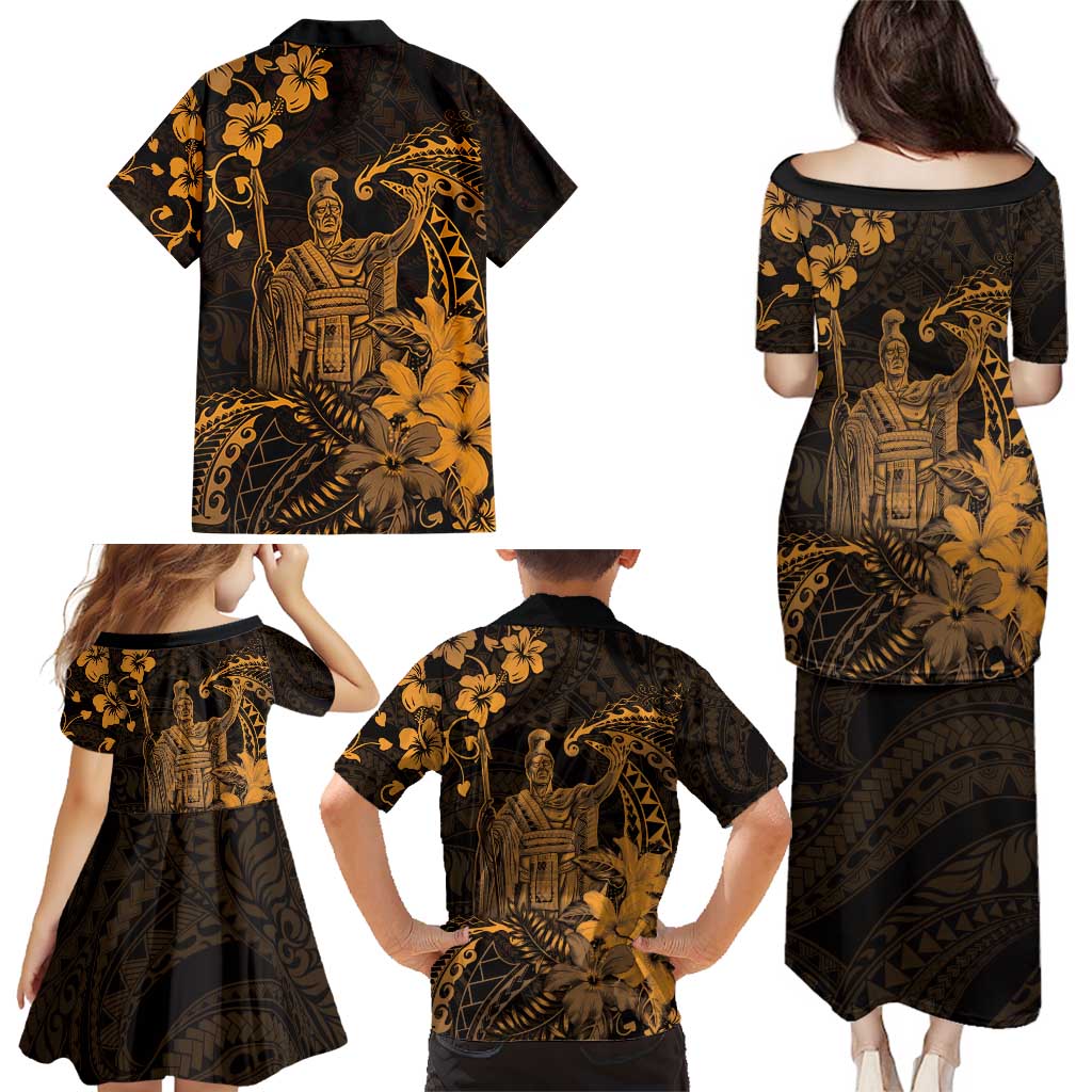 Hawaii King Kamehameha Day Family Matching Puletasi and Hawaiian Shirt Polynesian Pattern Mix Hibiscus Gold