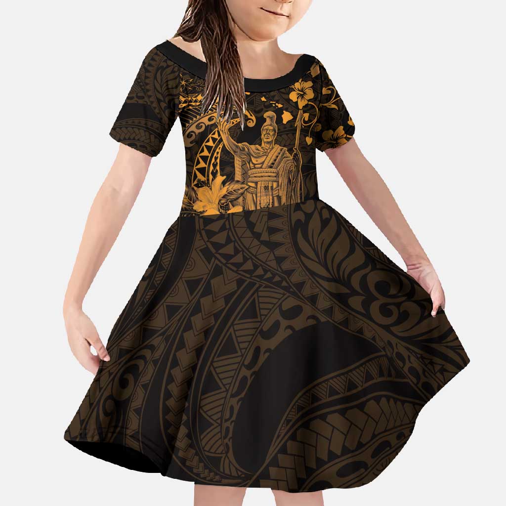 Hawaii King Kamehameha Day Family Matching Short Sleeve Bodycon Dress and Hawaiian Shirt Polynesian Pattern Mix Hibiscus Gold