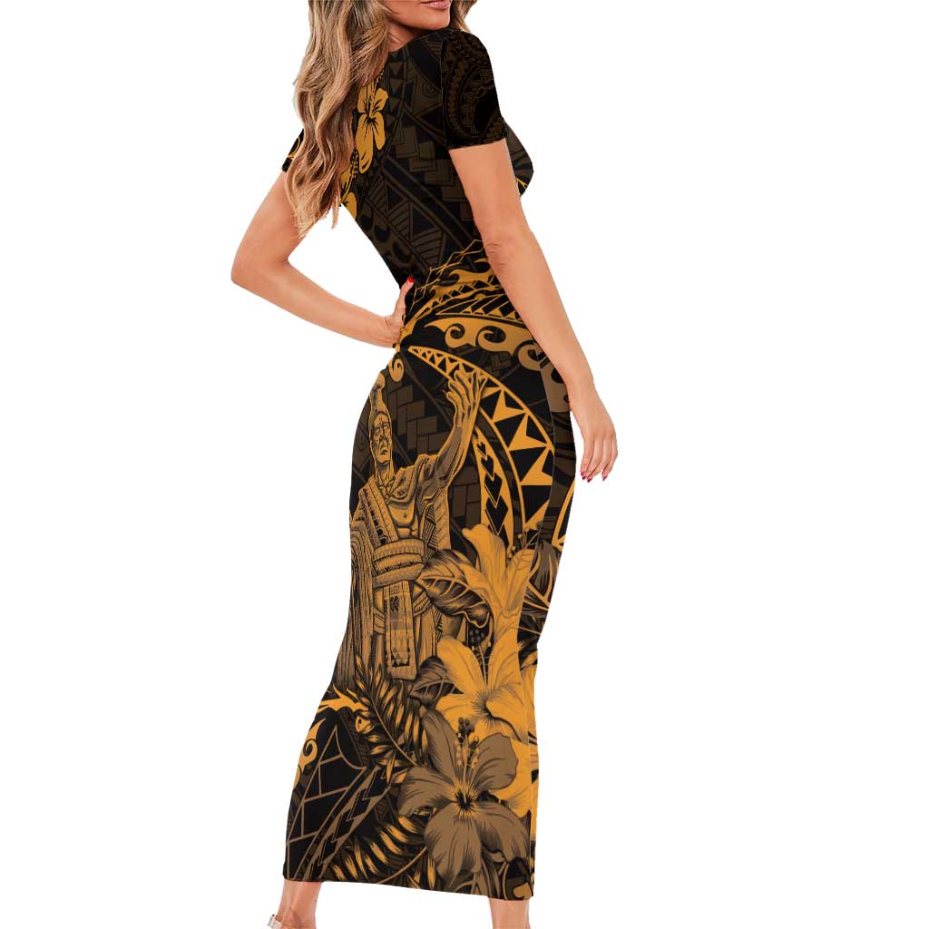 Hawaii King Kamehameha Day Family Matching Short Sleeve Bodycon Dress and Hawaiian Shirt Polynesian Pattern Mix Hibiscus Gold