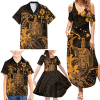 Hawaii King Kamehameha Day Family Matching Summer Maxi Dress and Hawaiian Shirt Polynesian Pattern Mix Hibiscus Gold