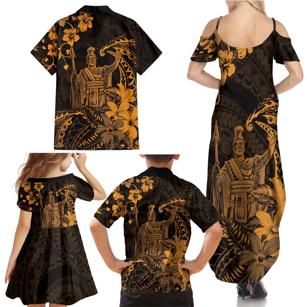 Hawaii King Kamehameha Day Family Matching Summer Maxi Dress and Hawaiian Shirt Polynesian Pattern Mix Hibiscus Gold