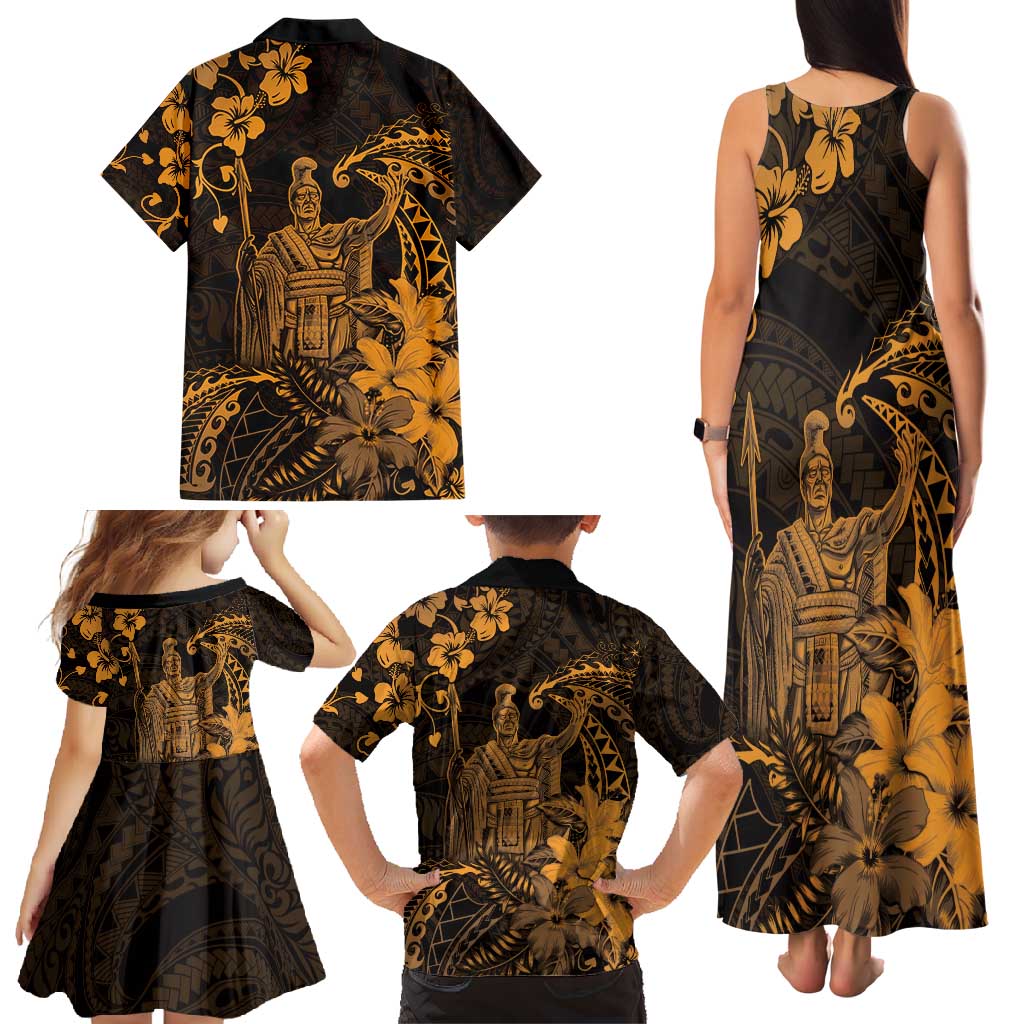 Hawaii King Kamehameha Day Family Matching Tank Maxi Dress and Hawaiian Shirt Polynesian Pattern Mix Hibiscus Gold
