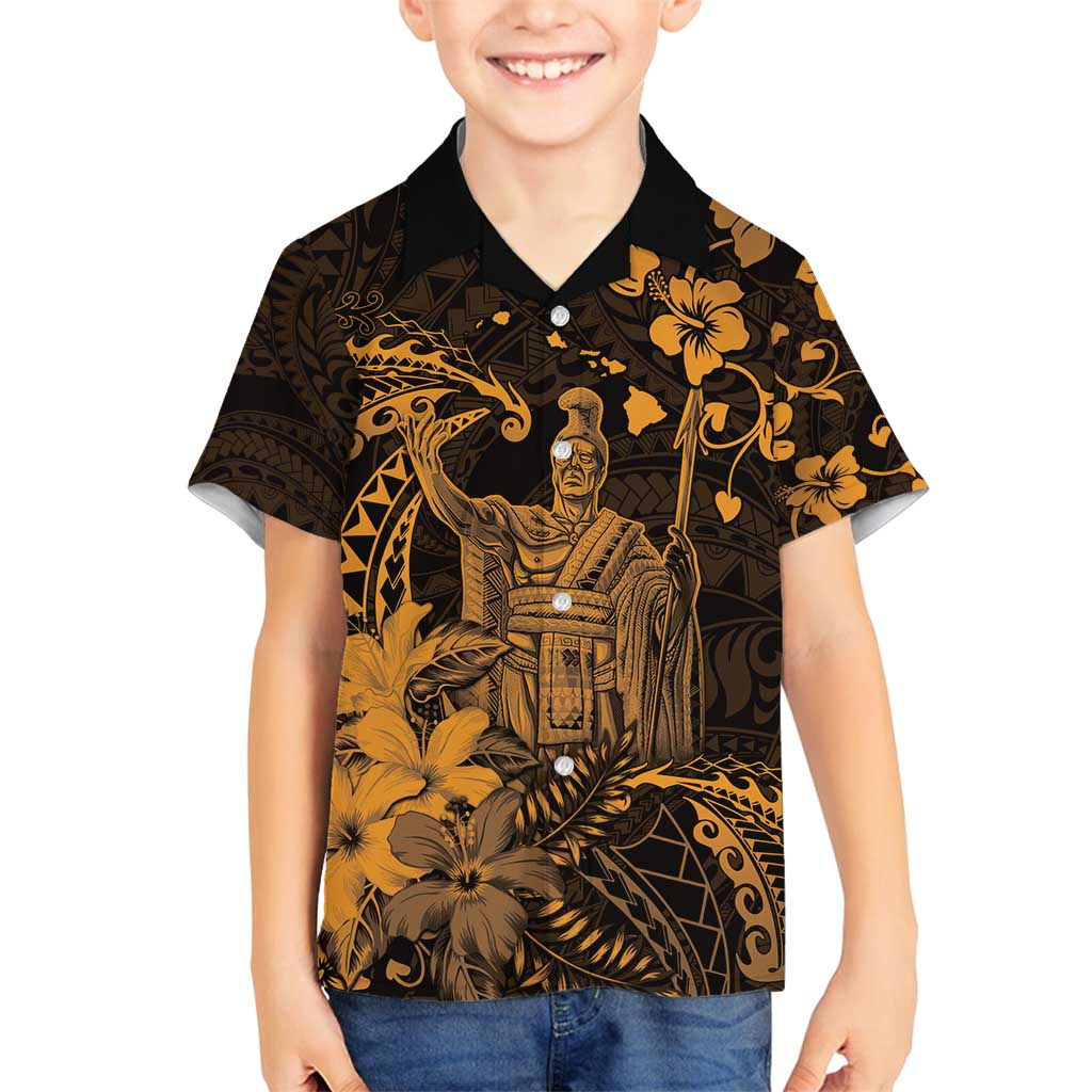 Hawaii King Kamehameha Day Family Matching Tank Maxi Dress and Hawaiian Shirt Polynesian Pattern Mix Hibiscus Gold