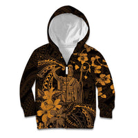 Hawaii King Kamehameha Day Kid Hoodie Polynesian Pattern Mix Hibiscus Gold
