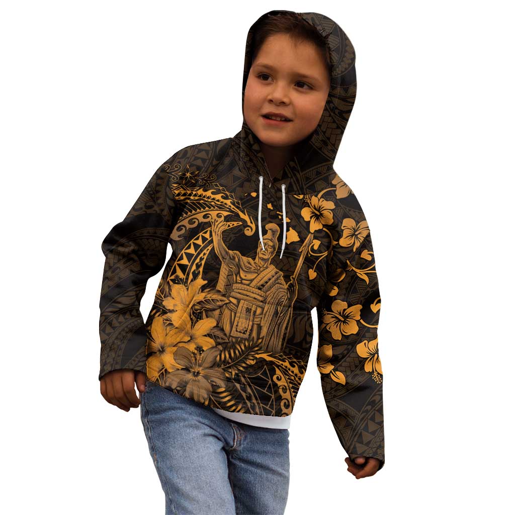 Hawaii King Kamehameha Day Kid Hoodie Polynesian Pattern Mix Hibiscus Gold