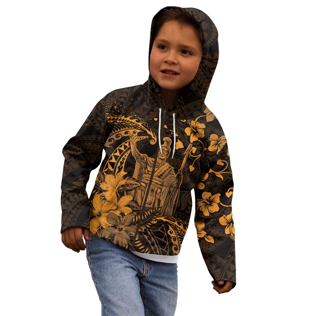 Hawaii King Kamehameha Day Kid Hoodie Polynesian Pattern Mix Hibiscus Gold
