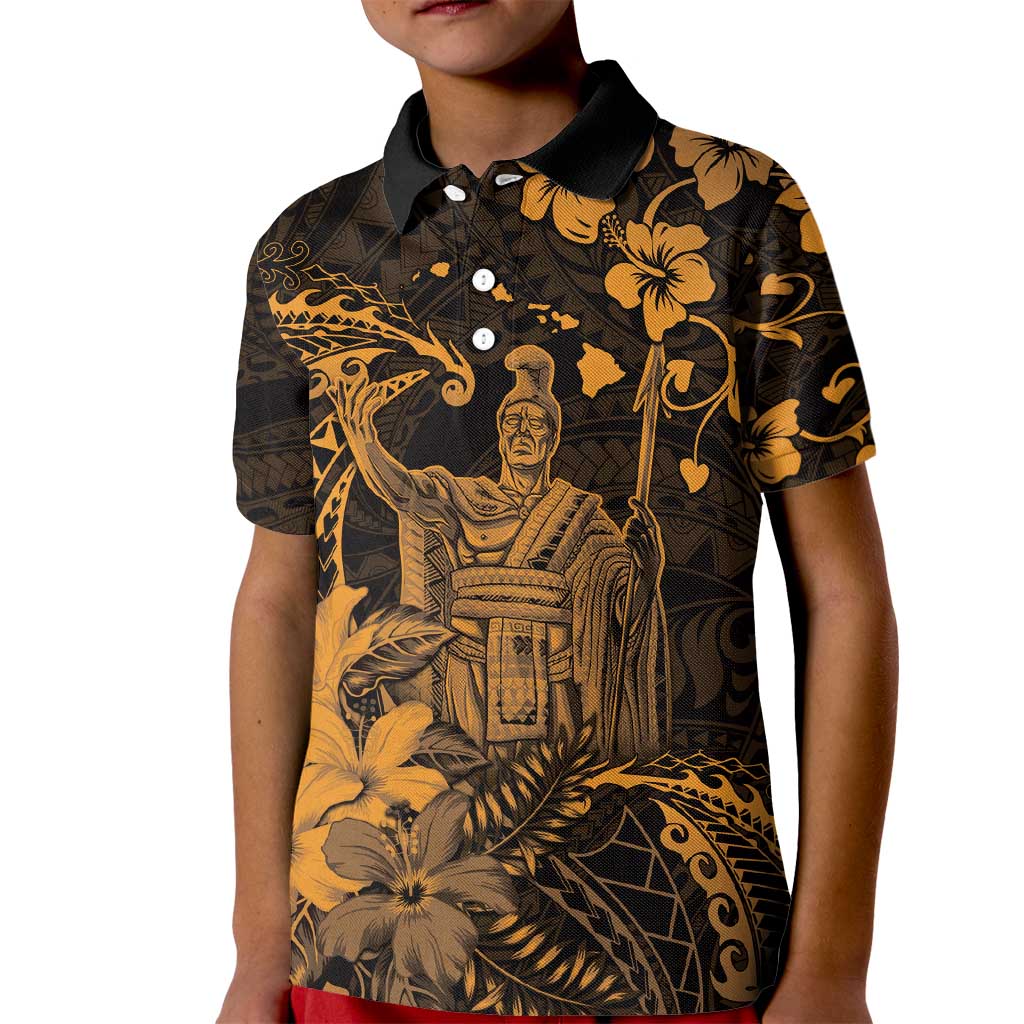 Hawaii King Kamehameha Day Kid Polo Shirt Polynesian Pattern Mix Hibiscus Gold