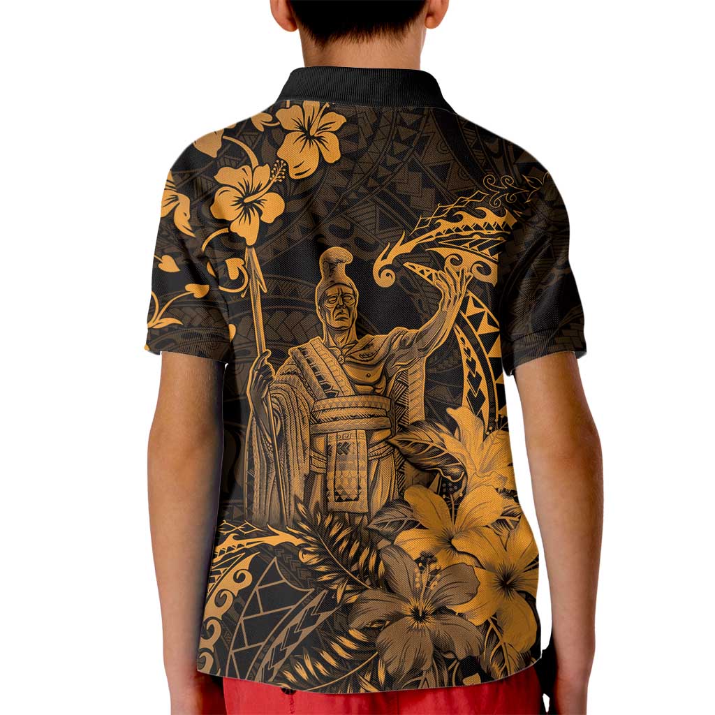 Hawaii King Kamehameha Day Kid Polo Shirt Polynesian Pattern Mix Hibiscus Gold